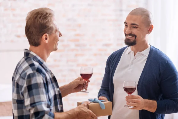 Positivo gay pareja bebiendo vino en casa — Foto de Stock