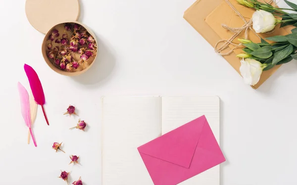 Roze veren liggend op de envelop — Stockfoto