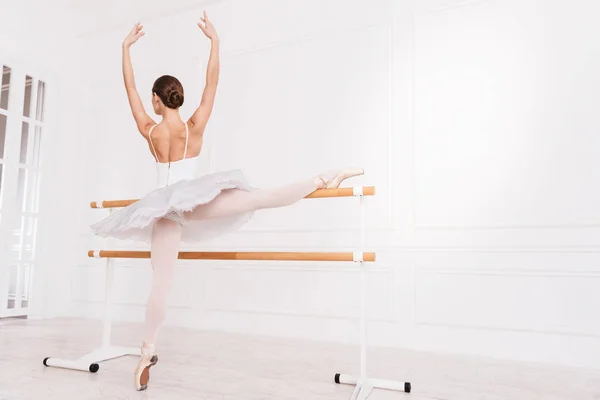 Flexible female using ballet bar — Stock Photo, Image