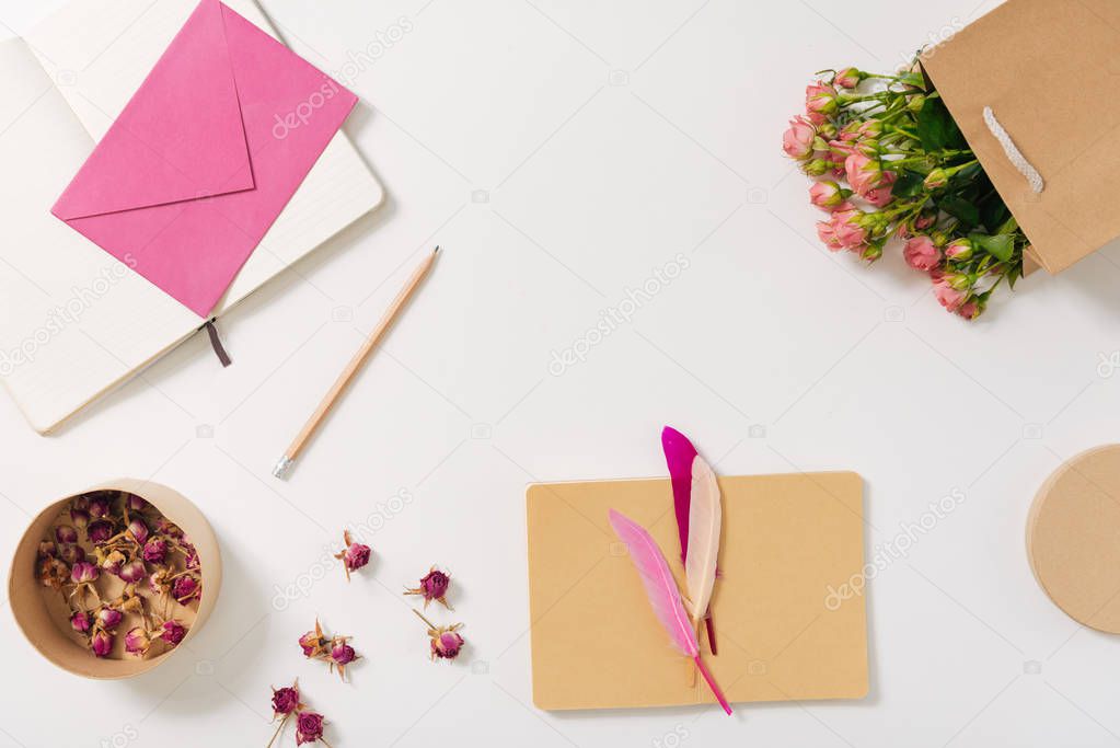 Flat lay of a pencil lying on the white desk