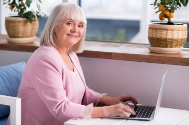 Onu laptop yazarak hoş yaşlı bayan