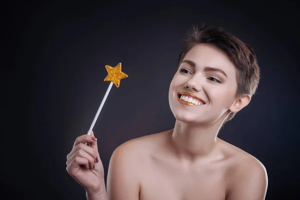 Positive woman posing with lollipop — Stock Photo, Image