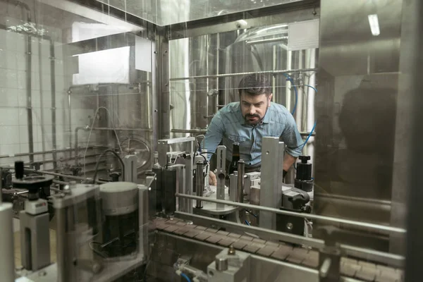 Hombre concentrado controlando productos en fábrica cervecera —  Fotos de Stock