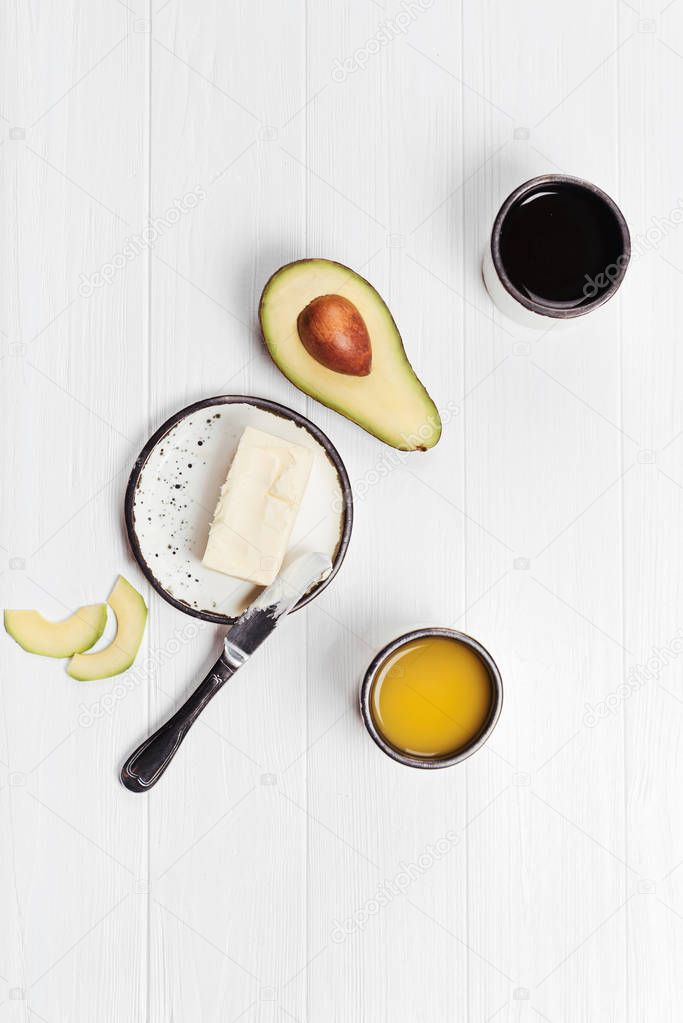 Healthy nutritious breakfast served on white table