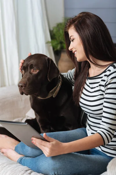 Nice smiling woman distracted by her cute dog — Stock Photo, Image