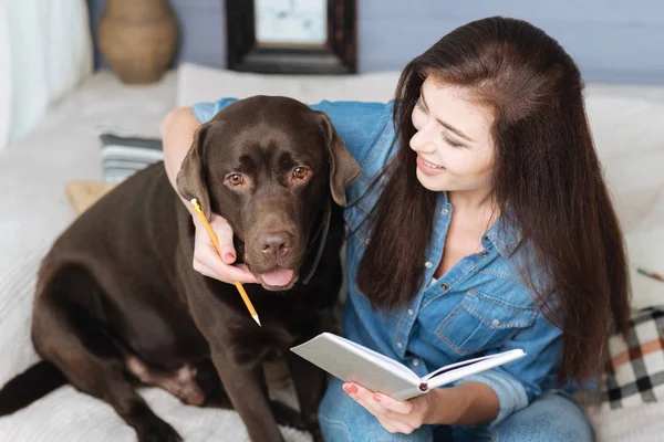 Adorabile Labrador marrone che aiuta a scrivere una lista — Foto Stock