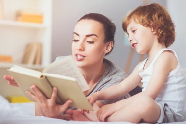 Mutlu anne oğluna bir peri masalı okuma.