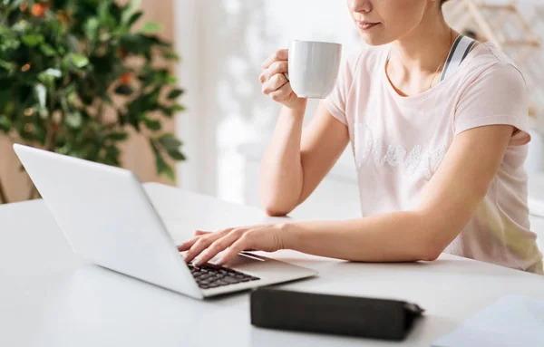 Сконцентрированная элегантная женщина, читающая что-то на своем компьютере — стоковое фото