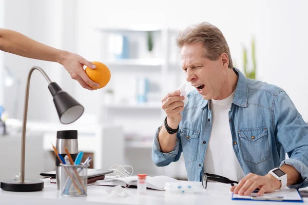 Allergic male going to sneeze. — Stock Photo, Image