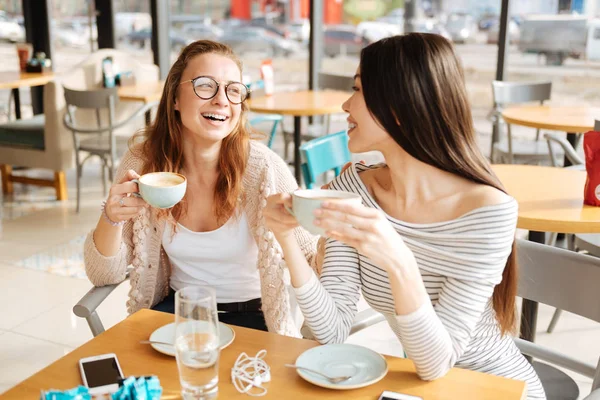 Joyful female friends talkign in the cafe — Stock Photo, Image