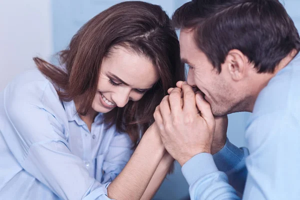 Delighted pleasant couple being in love — Stock Photo, Image