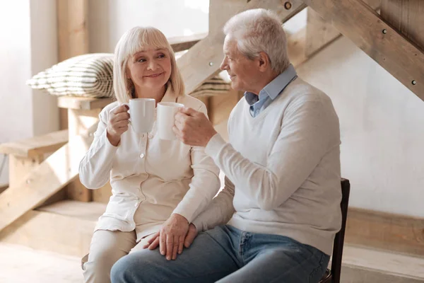 Happy aged couple drinking tea — Stock Photo, Image