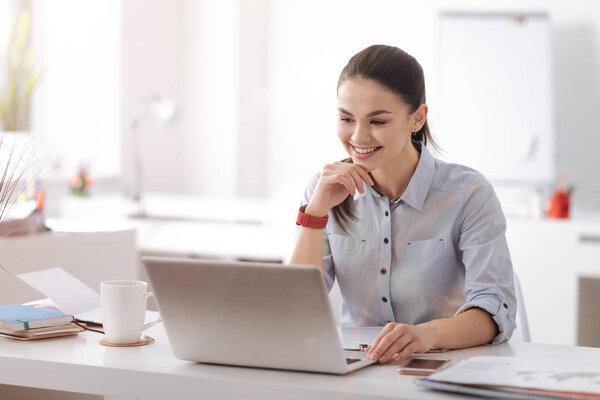 Positive delighted manager feeling happiness