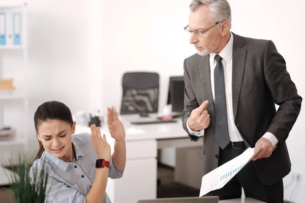 Angry bearded man in costume speaking with his secretary — Stock Photo, Image