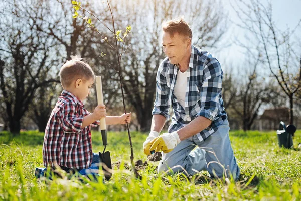 お父さんと息子が一緒に庭で作業 — ストック写真