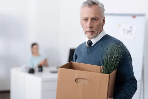 Aufgebrachte Büroangestellte hält Kiste mit Pflanze — Stockfoto
