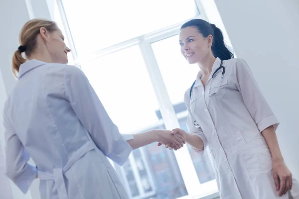 Charming nurses handshaking in the clinic