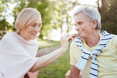 Neşeli emekliler Parkta piknik keyfi
