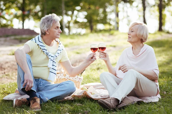 Гармонійна пара на пенсії насолоджується пікніку в парку — стокове фото