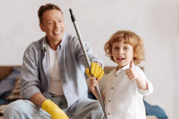 Portrait of attractive boy while being very pleased — Stock Photo, Image