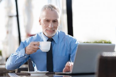 Olumlu memnun gri saçlı adam çay içme