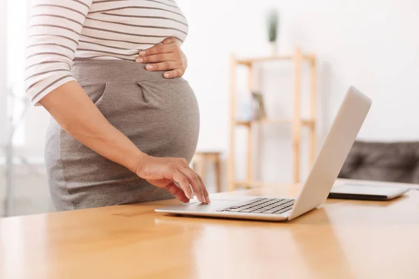 Donna incinta utilizzando il suo computer portatile — Foto Stock