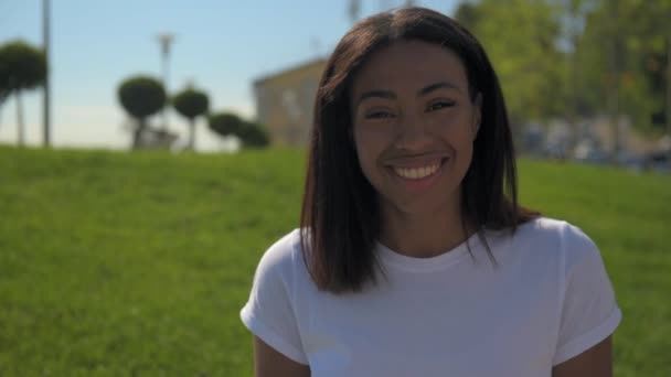 Retrato de una hermosa chica afroamericana sonriendo — Vídeos de Stock
