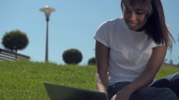 Chica radiante trabajando en el ordenador portátil mientras está sentado en la hierba — Vídeos de Stock