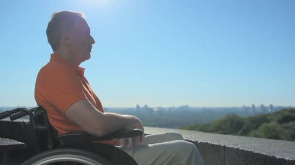 Bonito hombre con silla de ruedas disfrutando de la vista sobre la ciudad — Vídeo de stock