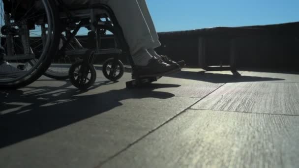 Low angle of a helpful man pushing a wheelchaired person — Stock Video