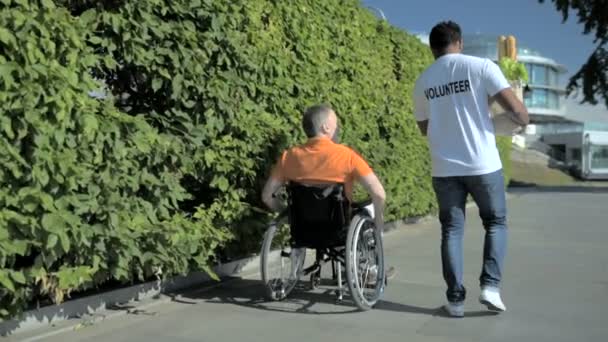 Vue arrière d'un bénévole agréable aidant un homme en fauteuil roulant — Video