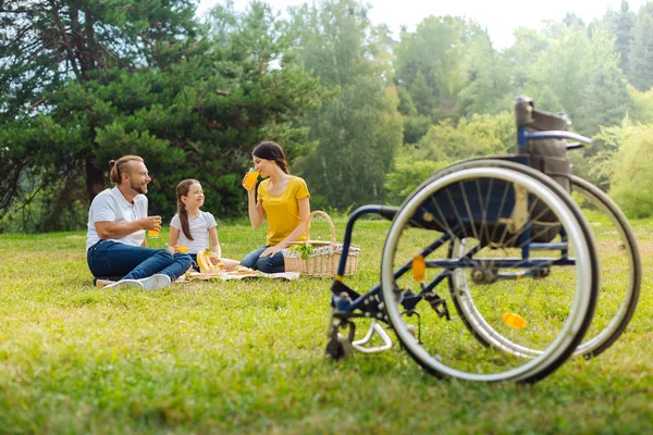 Famille d'un handicapé buvant du jus dans la prairie — Photo