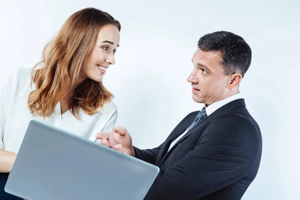 Cheerful colleagues working together on project — Stock Photo, Image