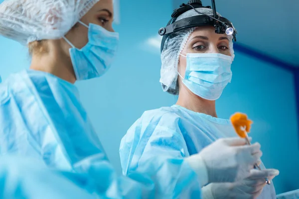 Portrait of serious doctor that looking at cotton tampon — Stock Photo, Image