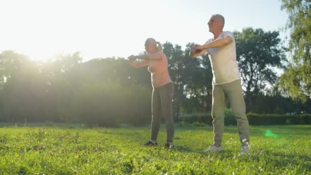 Joyeux couple de personnes âgées faisant des exercices de réchauffement — Video