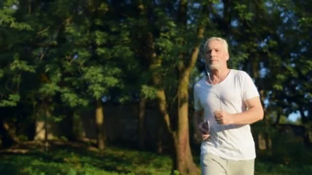 Уверенный старший бегун в парке — стоковое видео