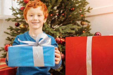 Düşünceli küçük çocuk Noel hediyesi teslim etme