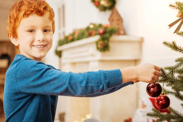 Diligente niño sonriendo mientras cuelga decoraciones de árboles de Navidad — Foto de Stock