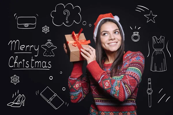 Merry pleasant woman holding the box with a present — Stock Photo, Image