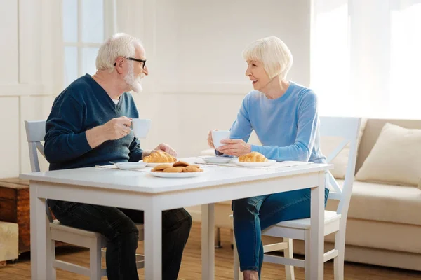 Pareja encantada conversando durante el almuerzo — Foto de Stock