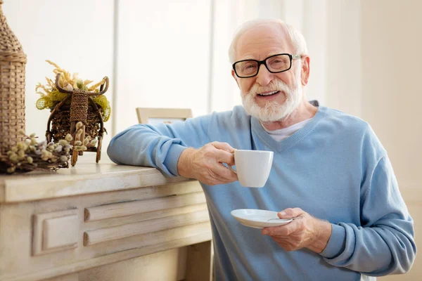 Gladlynt skäggiga gråhåriga män dricka te — Stockfoto