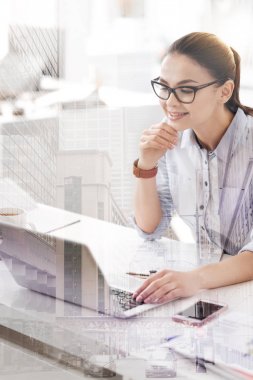 Neşeli kadın onu laptop kullanma office