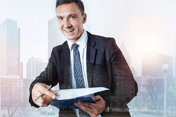 Delighted cheerful businessman working — Stock Photo, Image