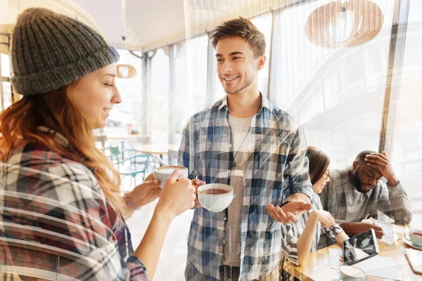 Guess What Young Smiling Groupmates Talking News While Drinking Tasty — Stock Photo, Image