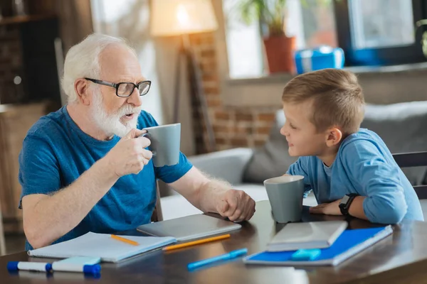 Delighted nice grandfather and grandson having tea — Stock Photo, Image