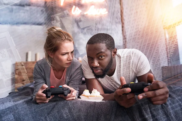 Pleasant handsome man playing with his girlfriend — Stock Photo, Image