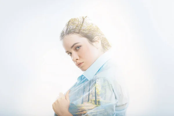 Fashionable woman feeling good while wearing a new blouse — Stock Photo, Image