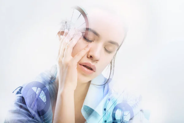 Tired woman closing her eyes while feeling unwell — Stock Photo, Image