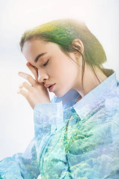 Cute woman touching her closed eyes and feeling sleepy — Stock Photo, Image