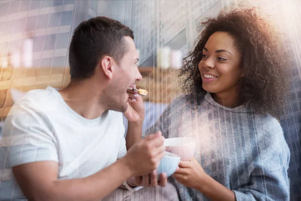 Nice pretty woman feeding her boyfriend — Stock Photo, Image